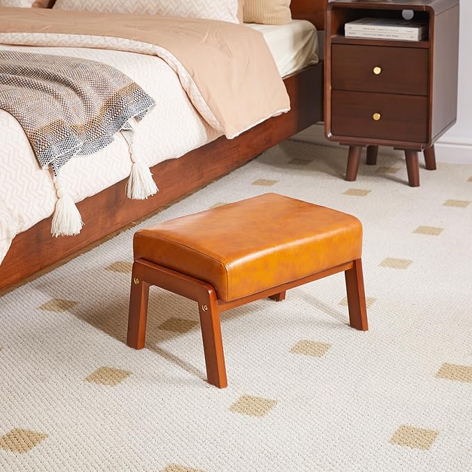 IBUYKE 10.2” H Small Foot Stool Ottoman, Rectangle PU Faux Leather Foot Rest with Padded Seat and Wood Legs, Modern Ottoman Foot Rest for Living Room Bedroom Couch Office, Yellowish-Brown WBD013J
