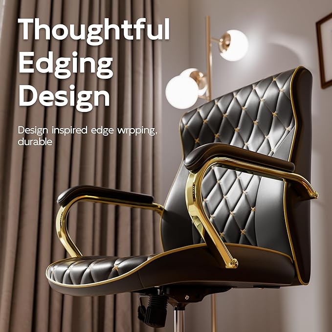 Black and Gold Office Chair with Soft Leather Embroidery, Mid Back Vintage Swivel Executive Desk Chair with Wheels and Padded Arms, Adjustable Height
