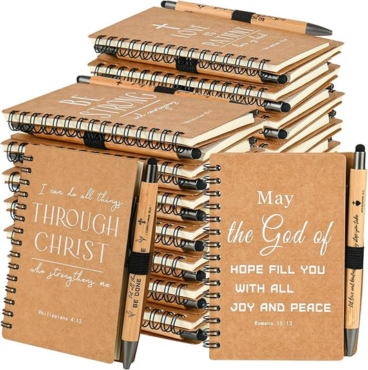 Christian Prayer Journal Spiral Notebooks Bulk with Pens - Small Notepads (4.13”x5.43”) - inspirational Gifts for Women men,Church Members & Bible Study Groups (60 sets Brown)