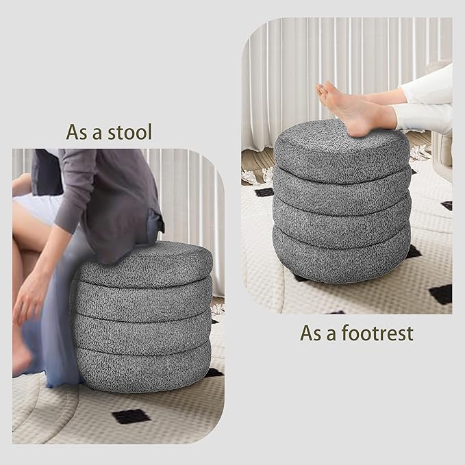 Storage Ottoman, Round Ottoman with Storage, Vanity Stool Foot Rest with Removable Lid, Round Boucle Upholstered for Living Room Pouf Footstool
