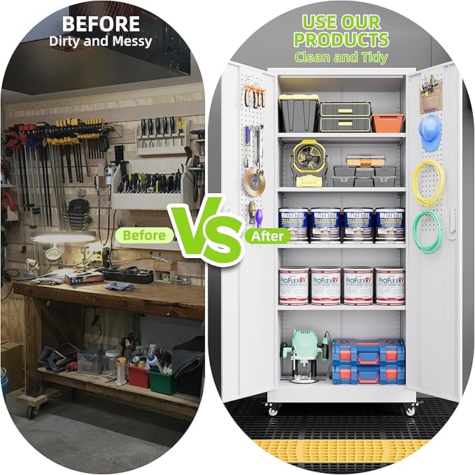 Aobabo 73''H Garage Storage Cabinet with Wheels,Office Storage Cabinet with Lock,Steel Cabinet with 2 Doors and 4 Adjustable Shelves for Garage Office,Required-Assembly White