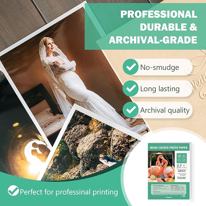 Ultra-Premium Glossy RC Photo Paper, Professional and Heavyweight Metallic Resin Coated Photo Paper, Pigment and Dye Inkjet Printer Suitable, Waterproof, 5x7, 50 Pack