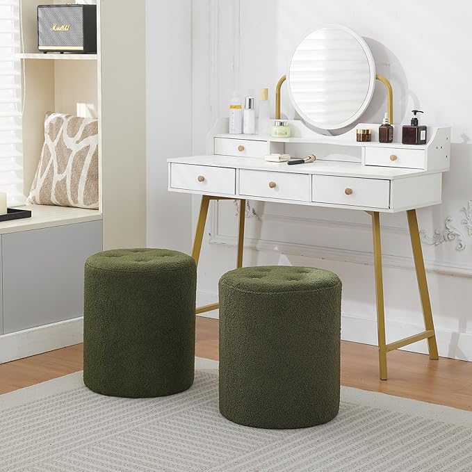 Modern Round Ottoman, Button-Tufted Foot Stool Ottoman, Teddy Fleece Upholstered Vanity Stool for Makeup, Bedroom, Living Room, Dark Green