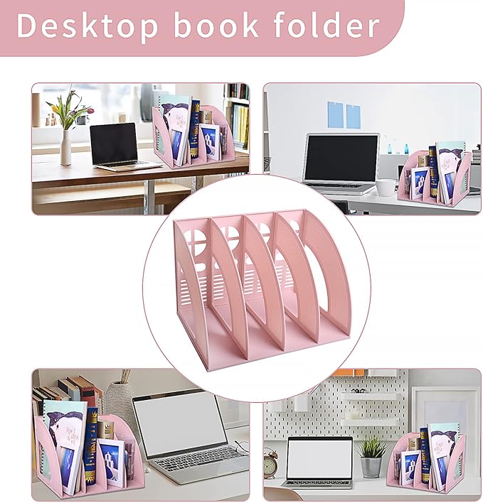 SAYEEC Magazine File Holder Folder Storage Desktop 4 Compartment Standing Hollow Pink Files Bookshelf Organizer Office Racks Displays Holds Notebooks Documents for School Working Students