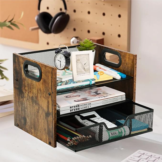 Wood Desk Organizer - 3-Tier Desktop File Organizer with Drawer, Wooden Paper Tray, Office Desk Organzier and Accessories for Papers, Mail, Notebooks, Stationery