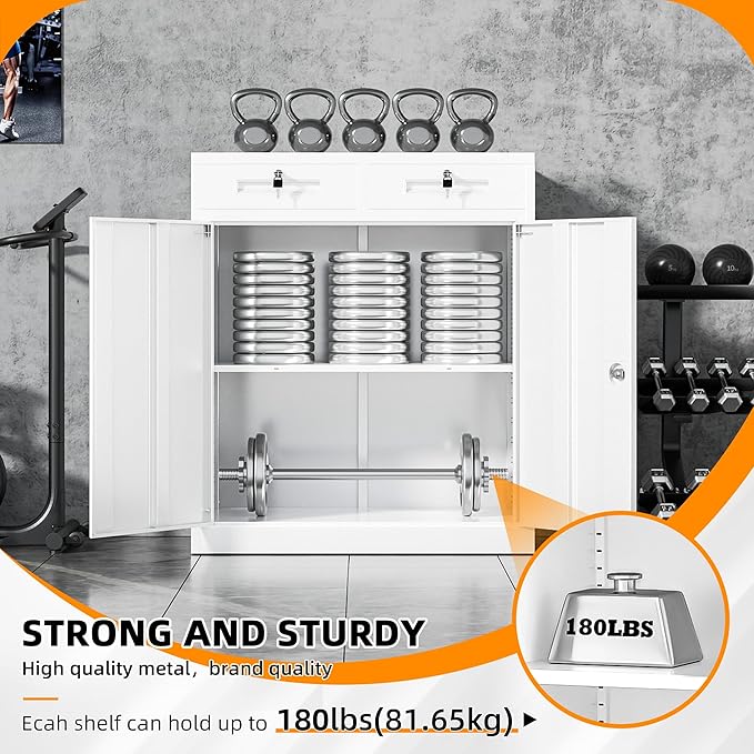 INTERGREAT Metal Cabinet with Drawers, Lockable Metal Storage Cabinets with Doors and Shelves for Garage, White Locking Garage Storage Cabinets 36"×32"×16"
