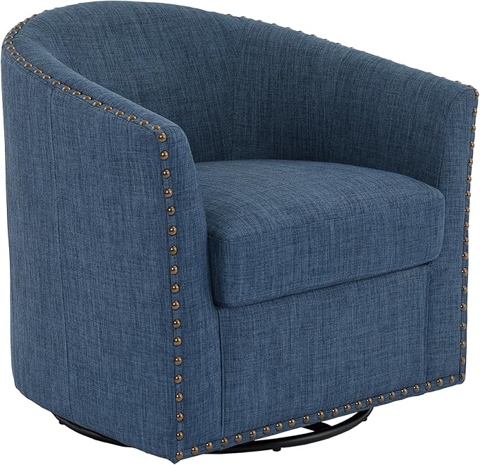 UIXE 360° Swivel Barrel Accent Chair, Modern Upholstered Arm Chair Round Club Armchair, Nailhead Trim Single Sofa Seating in Fabric for Living Room - Blue