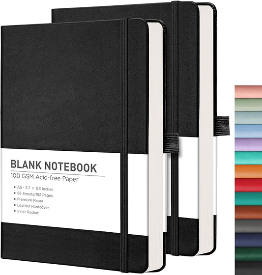 RETTACY Blank Journal Notebook, 2-Pack, 192 Pages per Pack, A5 Medium Size (5.7'' x 8.3''), Leather Hardcover, 100 GSM Thick Paper, for Sketching, Drawing, Painting (Black & Black)