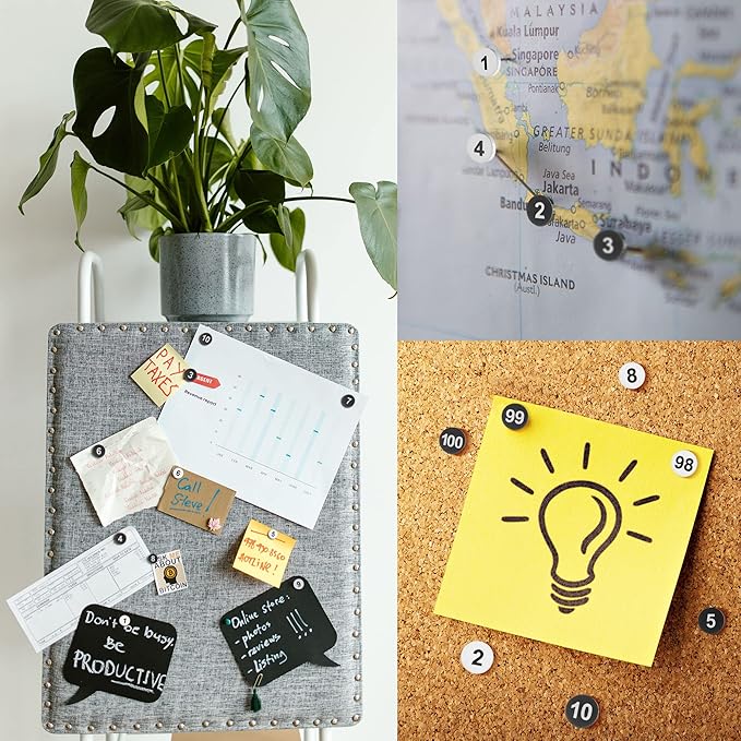 souG 200pcs Numbered Push Pin Tacks, 1-100 Sequential Number Tacks Push Pins, 11mm Diameter 16mm Length Thumbtacks for Maps, Presentations, Photo, Poster (Black and White)