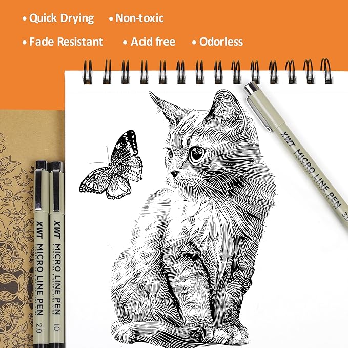 12+1 Fineliner Drawing Art Pens, Black Waterproof Pigment Ink Set for Artists, Sketching, Manga, Watercolor, Calligraphy, and Detail Outlining Archival Quality Inking Markers