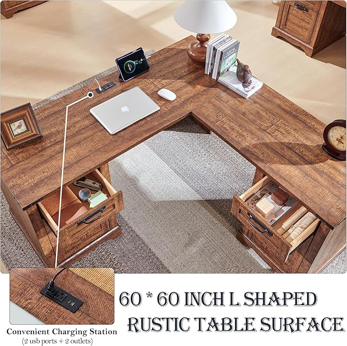 RedLemon 60" Farmhouse L Shaped Executive Desk with Drawers, Wood Home Office Corner Desk with Charging Station, File Drawer, Storage Cabinet, Rustic Computer Writing Desk (Reclaimed Barnwood)