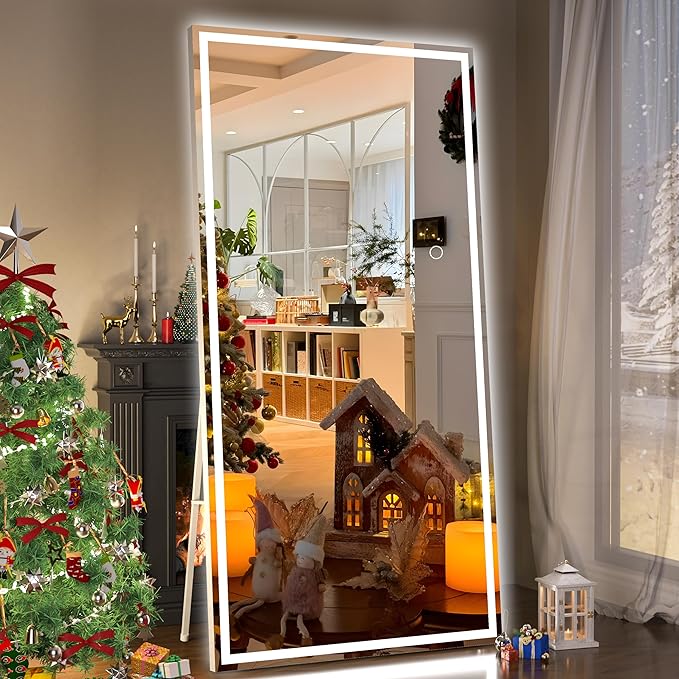 Hasipu Full Length Mirror with Lights, 95" x 40" LED Lighted Floor Standing Mirror, Full Body Dressing Hanging Mounted Mirrors, Dimmable, Tempered Glass, Safe to Use, Square White