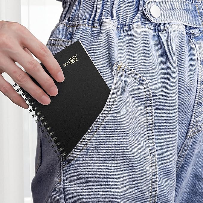 RETTACY Pocket Journal Notebook, 160 Lined Pages, A6 Mini Small Size (4.5" × 5.7"), for Work, Journaling, Writing, 100 GSM Thick Paper, Spiral-bound, Flexible Plastic Cover (Black)