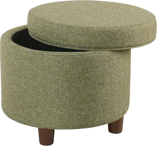 HomePop Home Decor | Upholstered Round Storage Ottoman | Ottoman with Storage for Living Room & Bedroom, Green Tweed