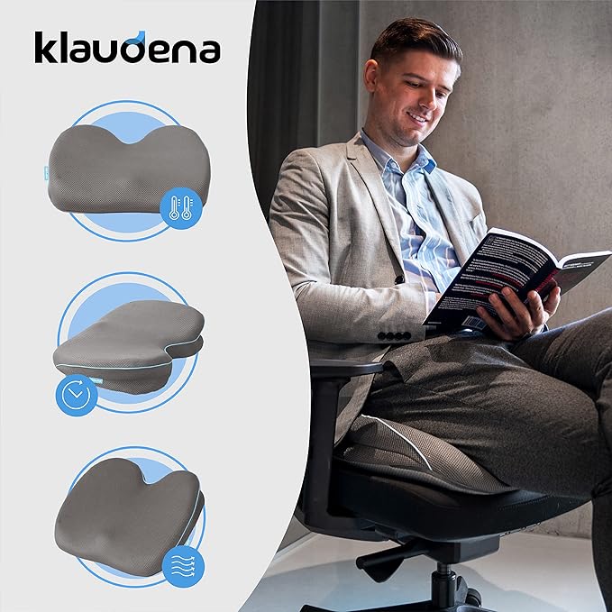 Klaudena | Office Chair Cushion for Tailbone Pain & Pressure Relief | Seat Cushion for Long Sitting Hours | Coccyx Lower Back Support | Memory Foam Cushions for Hip & Sciatica | Ergonomic Butt Pillow