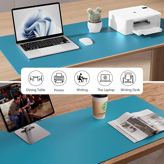Aothia Leather Desk Pad Protector, Mouse Pad, Office Desk Mat, Non-Slip PU Leather Desk Blotter, Laptop Desk Pad, Waterproof Desk Writing Pad for Office and Home (Turquoise,23.6" x 13.7")