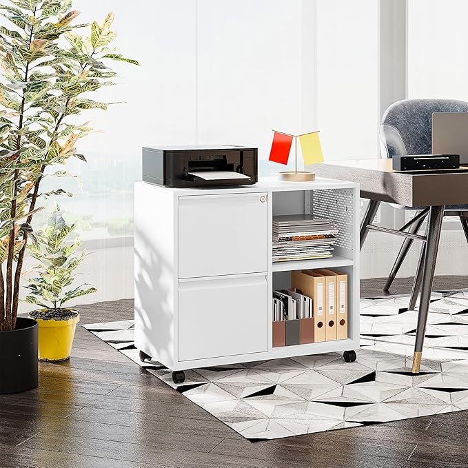 SISESOL 2 Drawer File Cabinet with Lock and Shelf,Mobile Lateral Filing Cabinet,Metal File Organizer Cabinet with Open Storage Shelves for Home Office Fit Legal/Letter A4 Size