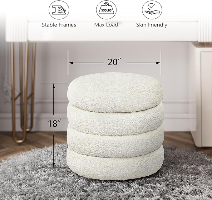 Storage Ottoman, Round Ottoman with Storage, Vanity Stool Foot Rest with Removable Lid, Round Boucle Upholstered for Living Room Pouf Footstool