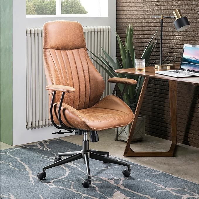 ovios Ergonomic Home Office Chair, Mid-Century Modern Faux Leather Chairs with Padded Armrests, Comfy High Back Swivel Rolling Executive Computer Armchair (Brown, Suede Leather)