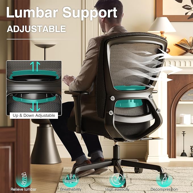 T96C Ergonomic Home Office Chair, Mesh Computer Desk Chair with 4D Armrests, Adjustable Lumbar Support,Tilt Function, Executive Rolling Swivel Task Chair for Long Hours (Black - Upholstered Seat)