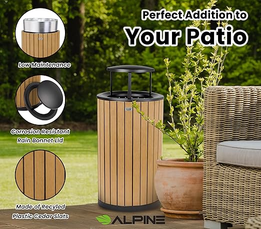 Alpine 32 Gallon Commercial Outdoor Trash Can - Heavy Duty Garbage Can Outdoor, Industrial Trash Can with Plastic Panels for Patio, Parks, Trails & Resorts (Rain Bonnet Lid - Cedar)
