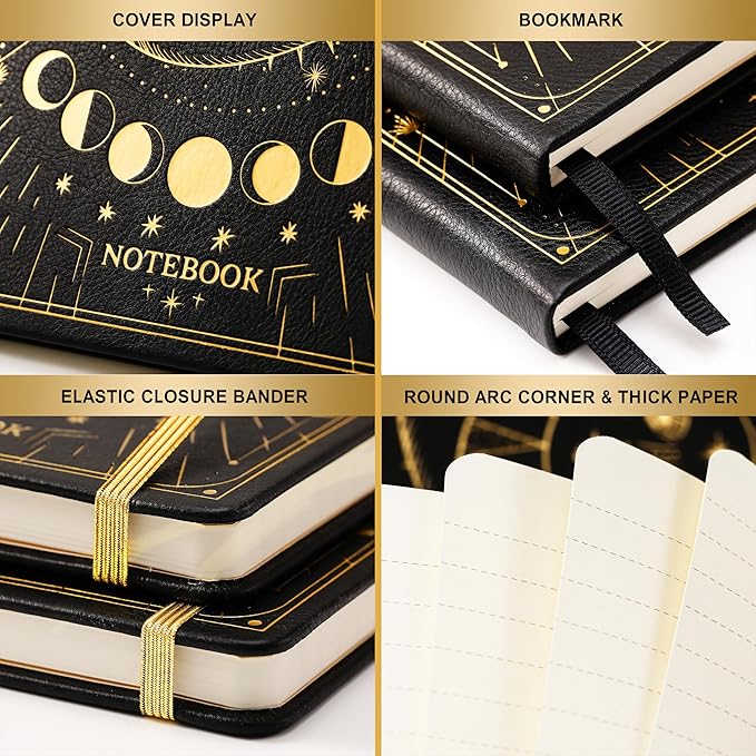 Artfan Ruled Notebook/Journal – Premium Thick Paper Faux Leather Classic Writing Notebook with Pocket + Page Dividers Gifts, Banded, Large, 144 Pages, Hard Cover, Lined (5.8 x 8.4) - Sun and Moon