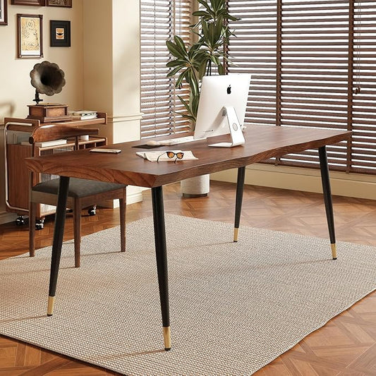 Solid Wood Desk 55 inches, Home Office Computer Desk Wooden Rustic Writing Desk Metal Modern Simple Design Executive Real Wood Desk(Walnut)
