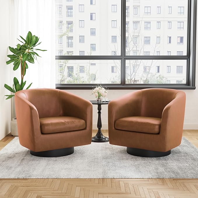 UIXE Faux Leather Swivel Accent Chairs Set of 2, Modern Upholstered Barrel Chairs for Living Room, Comfy Round Armchair Single Sofa Bedroom Reading Seat - 31" W, Brown