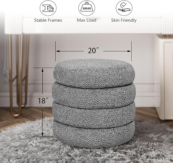 Storage Ottoman, Round Ottoman with Storage, Vanity Stool Foot Rest with Removable Lid, Round Boucle Upholstered for Living Room Pouf Footstool