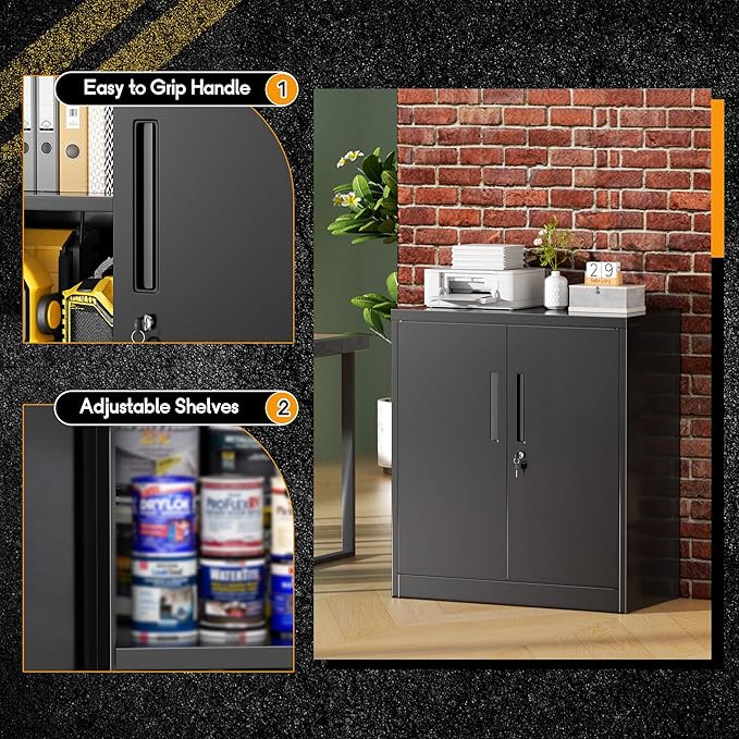 Greenvelly Metal Garage Storage Cabinet,36" Black Lockable Metal Cabinets with 2 Doors and Shelves,Storage Locking Counter Cabinet for Home Office,Garage,Kitchen,School
