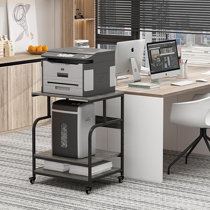 Large Printer Stand Table 23.6 x18.9 x 30 Inches with Height Adjustable Storage Shelf, 3 Tier Rolling Printer Cart with Wheels for Home Office, Gray