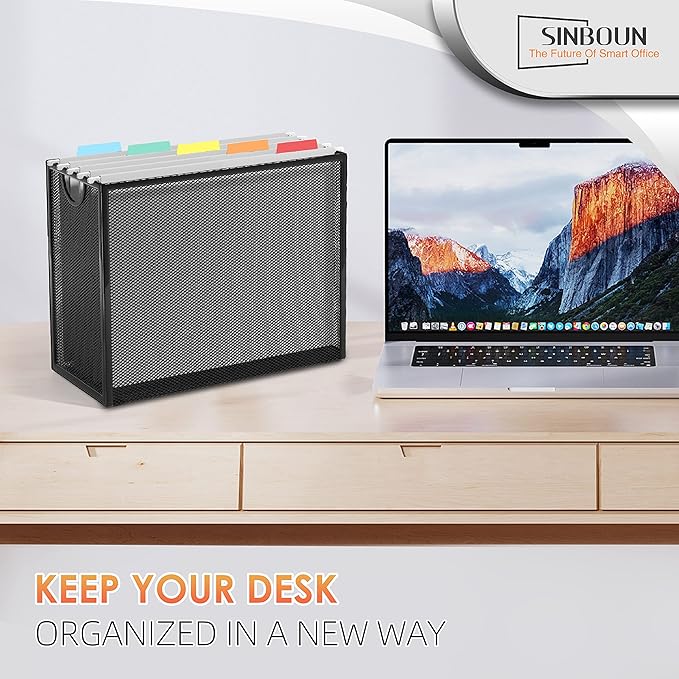 Sinboun Hanging File Organizer Letter-Size File Holder Filing Box Includes 5 Hanging Folders - Metal Mesh Magazine Letter Storage Cabinets File Cart for Office Home School, No Assembly Required