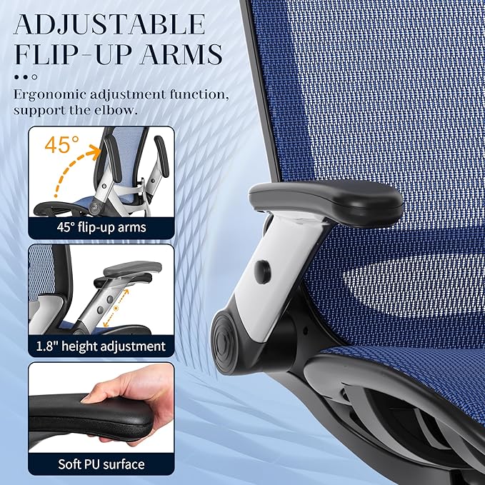GABRYLLY Ergonomic Office Chair, High Back Mesh Desk Chair with Adjustable Headrest, Flip-Up Arms, 90-120° Tilt Lock, Lumbar Support and Comfy Seat, Swivel Computer Task Chair, Blue