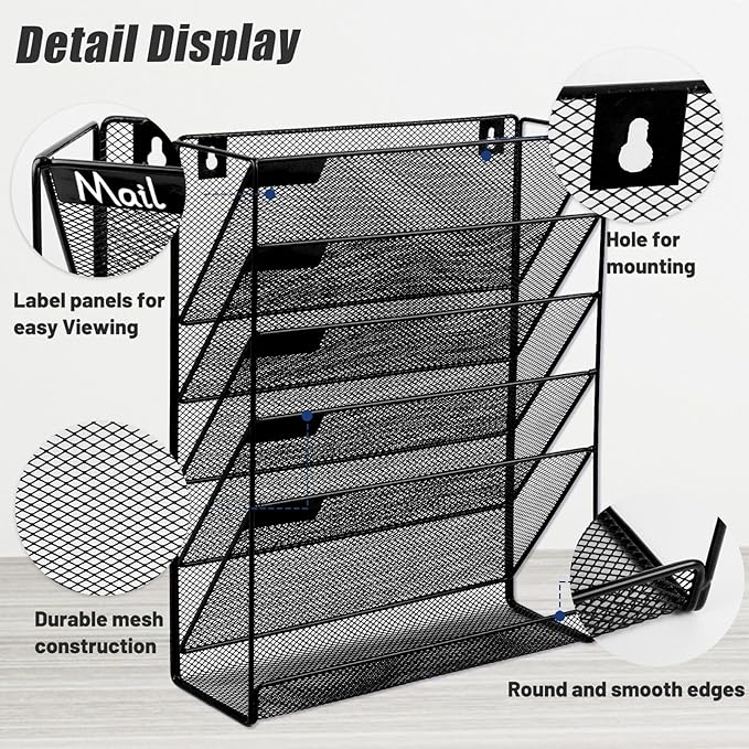 EASEPRES 6 Tier Mesh Hanging Wall File Organizer, Desk Mail Paper Document Folder Holder, Clipboard Storage Organization Magazine Rack with Bottom Tray and Nametag Label for Office Home School, Black