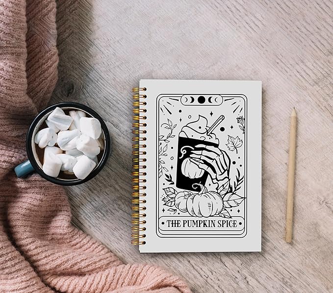 The Pumpkin Spice Tarot Journal Notebook - Coffee Lover Gifts, Tarot Lover Gifts, Gothic Goth Skeleton Notebook, Witchy Journal, Witchy Gifts, Gothic Office Supplies, Spiral Notebook 5.5x8.3