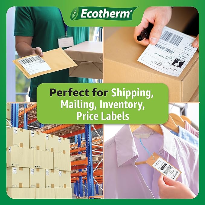 2.25" x 2.5" Thermal Labels | 4 Rolls | 2400 Labels | fits Zebra, Munbyn, Rollo, Godex, Arkscan, iDPRT, Offnova Thermal Label Printers and More | Blank White Adhesive Stickers by Ecotherm