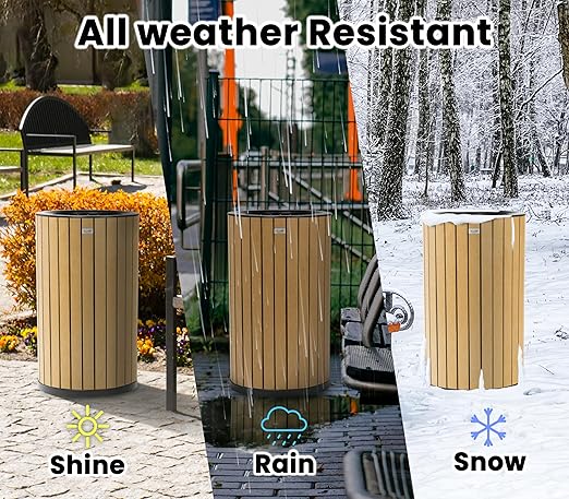 Alpine 32 Gallon Commercial Outdoor Trash Can - Heavy Duty Garbage Can Outdoor, Industrial Open Top Trash Can with Plastic Panels for Patio, Parks, Trails, Resorts (Flat Lid - Cedar)