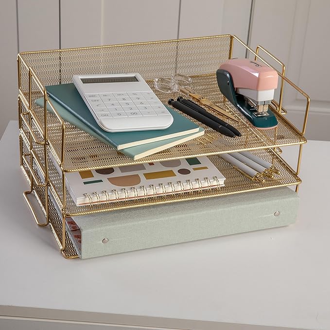 Martha Stewart Ryder 3 Tier Desk Letter Tray Organizer, Stackable Steel Mesh Inbox Tray for Files, Papers, or Letters, Gold