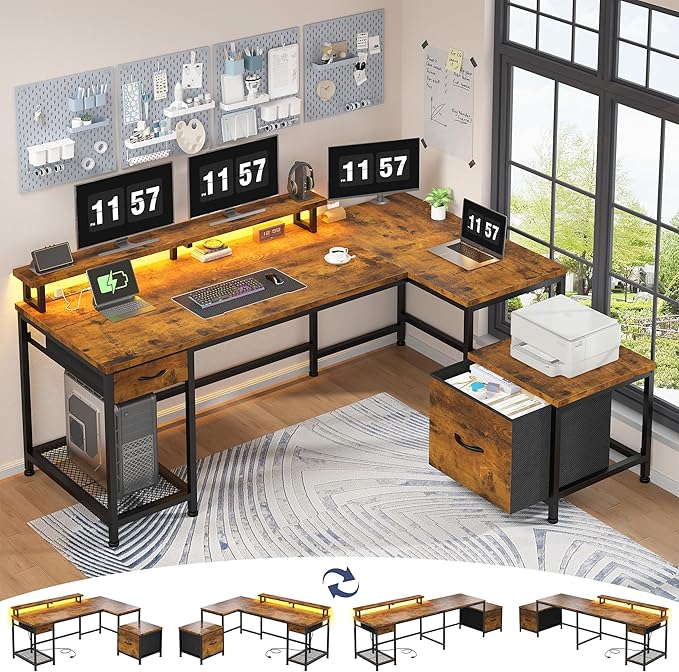 L Shaped Computer Desk with Drawers, Gaming Desk with LED Lights & Monitor Shelf, Office Desks with Power Outlets, Corner Desks for Home Office, Study Room and Bedroom, Rustic Brown