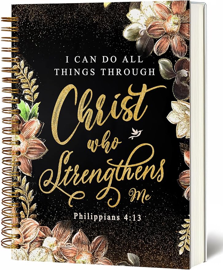 Bible Notebook, A5 Spiral Christian Journal with Floral Notebook, Bible Verse-I Can Do All Things Through Christ Who Strengthens Me, Inspirational Notebooks for Women, Gift for Birthday Christmas