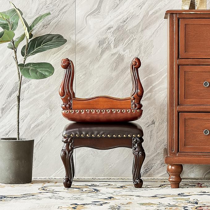 Foot Stool Ottoman Foot Rest Microfiber Leather Upholstered Footstool for Sofa, Living Room, Entryway, Solid Wood Stool (Black Brown)