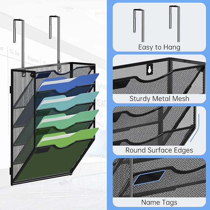 Kuntine.B Wall File Organizer Office Hanging Magazine Holder Wall File Organizer for Office Home (Black, 5 Tier & Hangers)