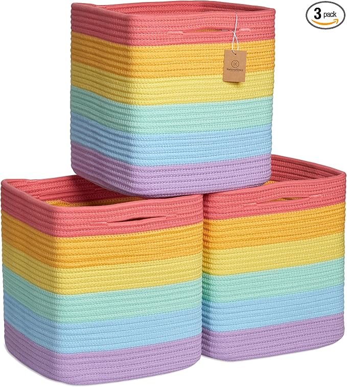 NaturalCozy Storage Cubes 11 Inch Cotton Rope Woven Baskets for Organizing, 3-Pack | Cube Storage Bin | Square Storage Baskets for Shelves Organizer, Classroom, Kids Toy Bins, Closet, Baby Nursery
