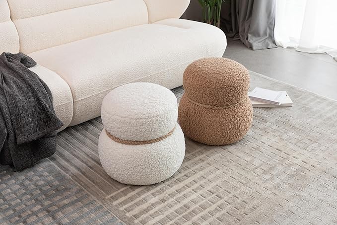 MEETAKING Small Round Foot Stool, Teddy Fabric Footrest Ottoman Stool with Non-Skid Legs, Modern Footstools Step for Couch, Desk, Office, Living Room (Light Brown)