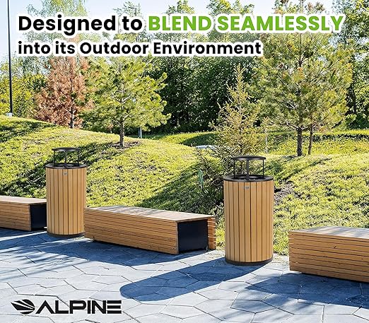 Alpine 32 Gallon Commercial Outdoor Trash Can - Heavy Duty Garbage Can Outdoor, Industrial Trash Can with Plastic Panels for Patio, Parks, Trails & Resorts (Rain Bonnet Lid - Cedar)