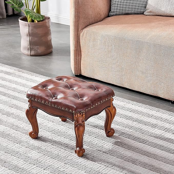 Foot Stool Ottoman Foot Rest Microfiber Leather Upholstered Footstool for Sofa, Living Room, Entryway, Solid Wood Stool (Light Brown)