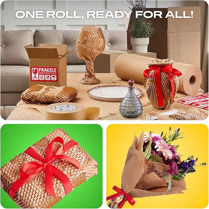 Honeycomb Packing Paper | Extra Thick 90 GSM Packing Wrap | Biodegradable Packing Materials: 12” x 200’ Moving Paper + 195’ Cellulose Adhesive Tape + 30 Fragile Stickers | Paper Bubble Wrap