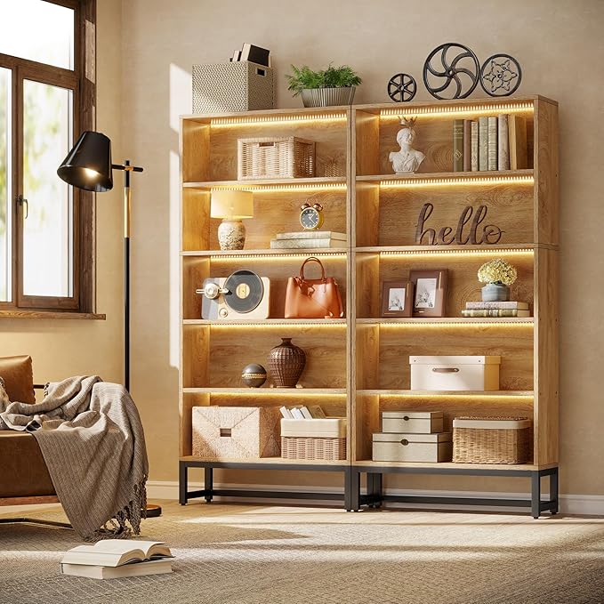 Tribesigns Tall Bookcase and Bookshelf, 70.8" Large Bookcases Organizer with LED Lights, Heavy Duty Free-Standing Library Bookshelf with 5-Tier Storage Shelves for Living Room, Bedroom (Brown)