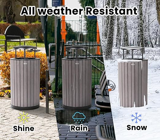 Alpine 32 Gallon Commercial Outdoor Trash Can - Heavy Duty Garbage Can Outdoor, Industrial Trash Can with Plastic Panels for Patio, Parks, Trails & Resorts (Rain Bonnet Lid - Grey)