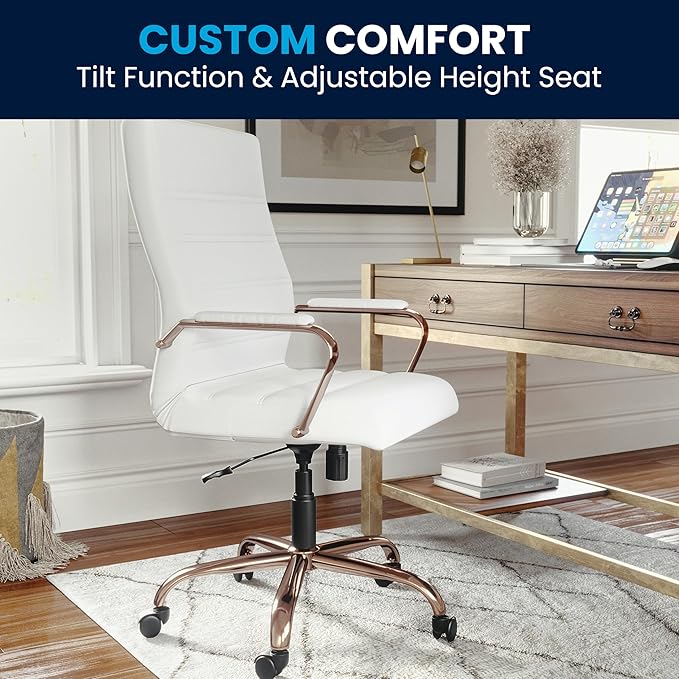 Flash Furniture Whitney High-Back Swivel LeatherSoft Desk Chair with Padded Seat and Armrests, Adjustable Height Padded LeatherSoft Office Chair, White/Rose Gold